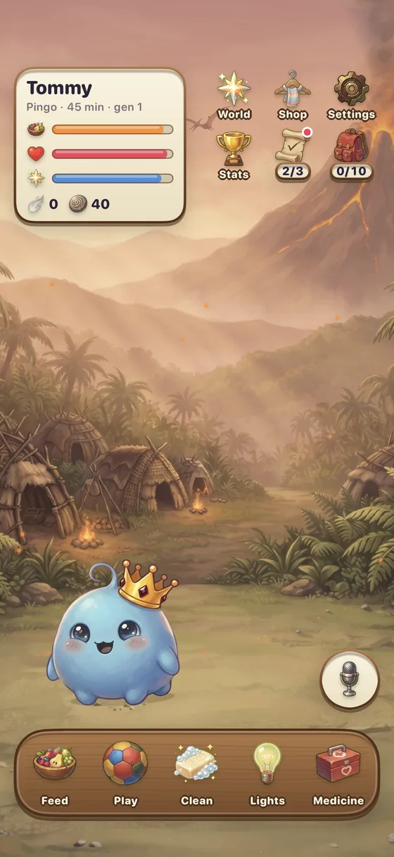 bichinho 2.0's home screen: a round blue painted pet in a painted world, with its needs and the menu around it.