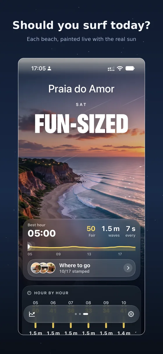 chapadão 2.0's verdict screen for praia do amor: should you surf today, with live waves, wind and tide.