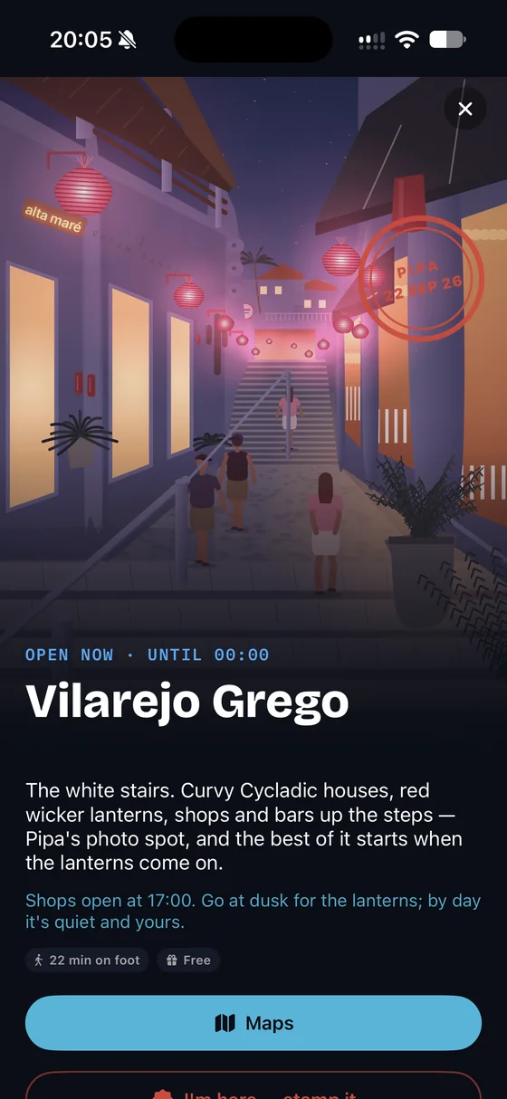 chapadão's page for vilarejo grego at night: a painted street of white stairs and red lanterns, marked open now until midnight, with directions and a stamp button.