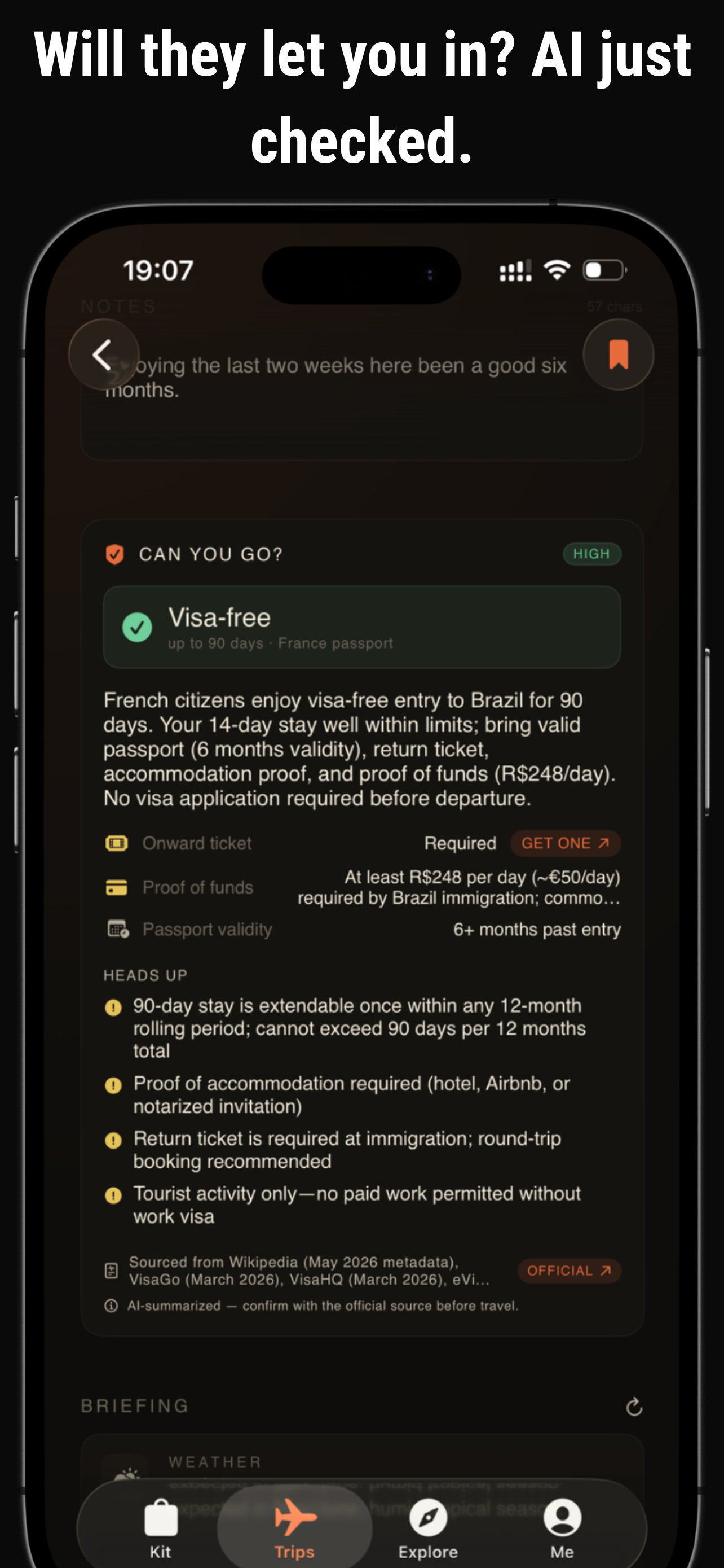 Z-Nomads — Border Confidence screen showing visa-free Brazil entry for a French passport with entry requirements and heads-up notes